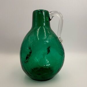 Vintage Green Pinched Crackle Art Glass Applied Handled Pitcher/Vase 6”